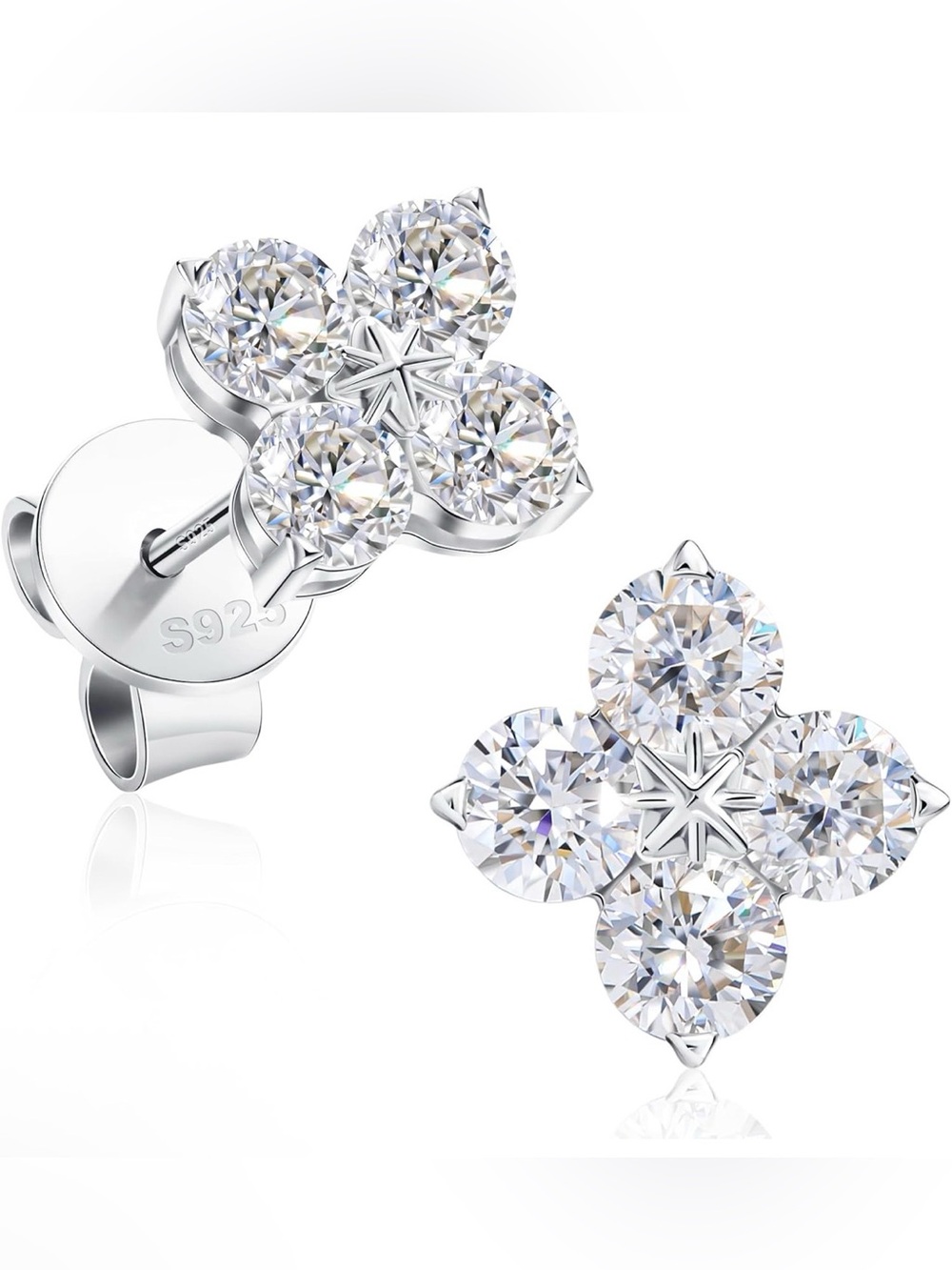0.8 CTW Diamond Stud Earrings 18K White Gold 925 Silver D VS1 Four Leaf Clover